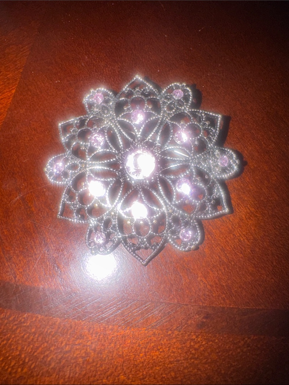 Silver-Tone Floral Filigree Brooch with Light Pink Stones